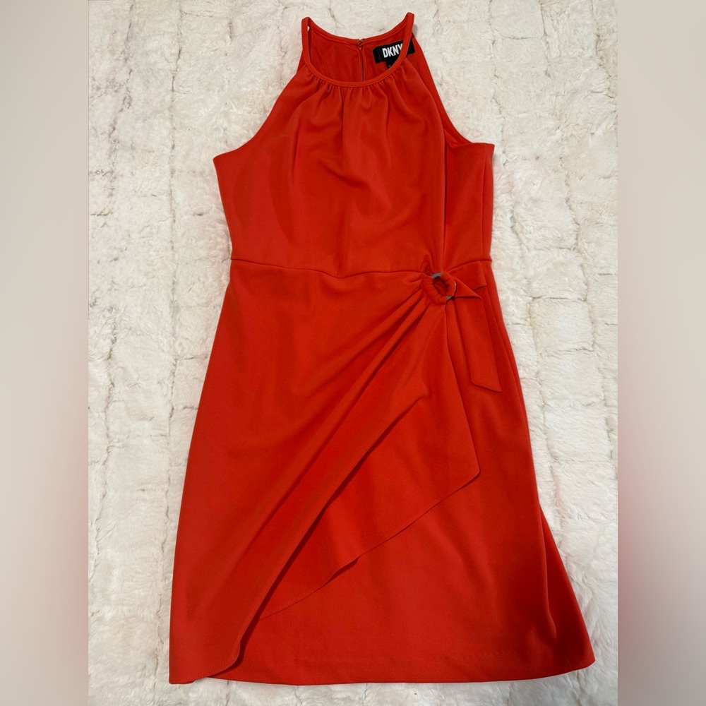 DKNY High Neck Orange Dress with Side Ring Detail